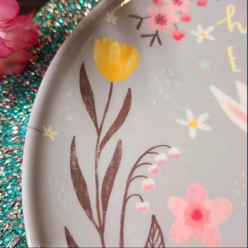 x6 Happy Easter Cherry Blossom Bunny Rabbit Couple Melamine Dinner Plate Set New